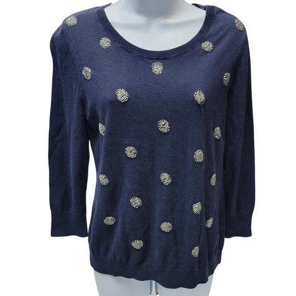 Talbots Womens M Sweater Blue Beaded White Scoop Neck Pullover Shirt Navy - Picture 1 of 3